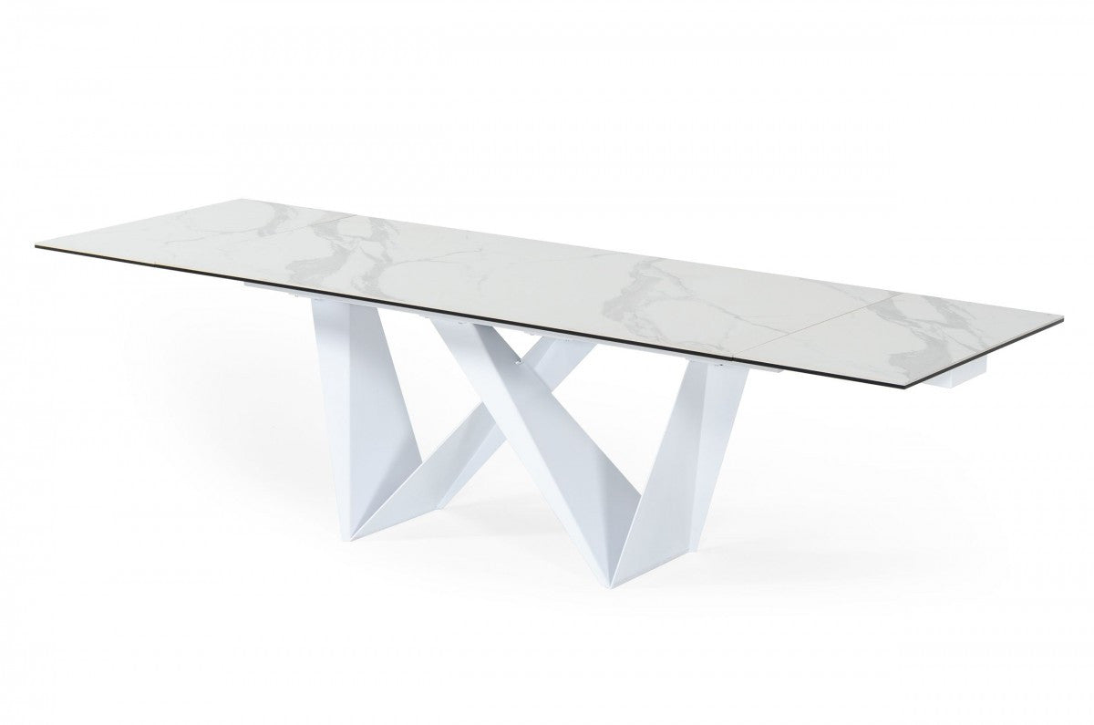 107" White Rectangular Ceramic And Metal Self-Storing Leaf Dining Table