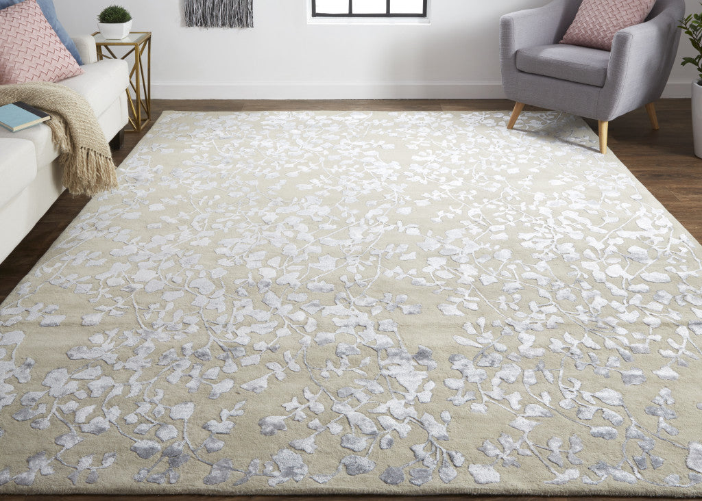 9' X 12' Ivory Tan And Gold Wool Floral Tufted Handmade Area Rug