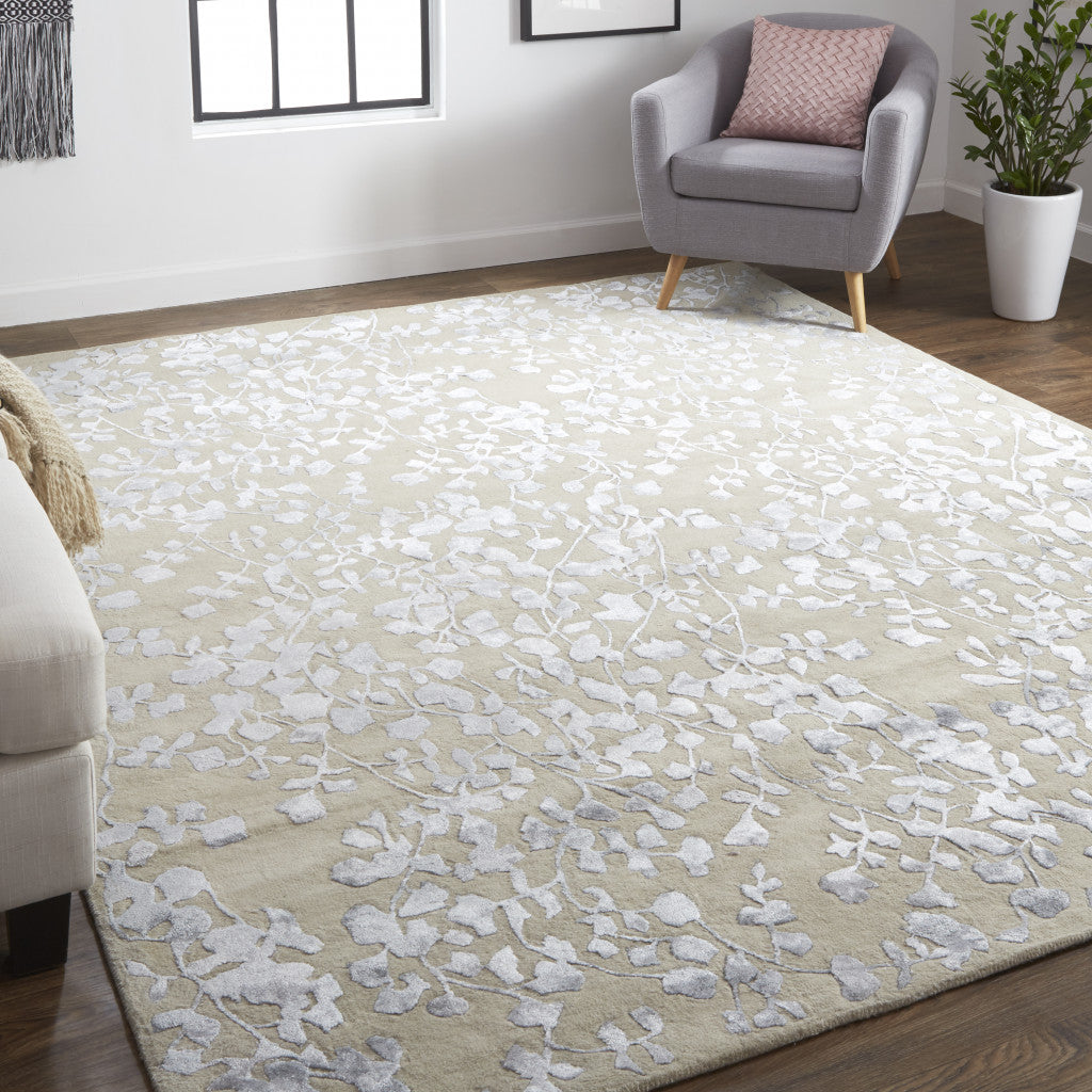 9' X 12' Ivory Tan And Gold Wool Floral Tufted Handmade Area Rug