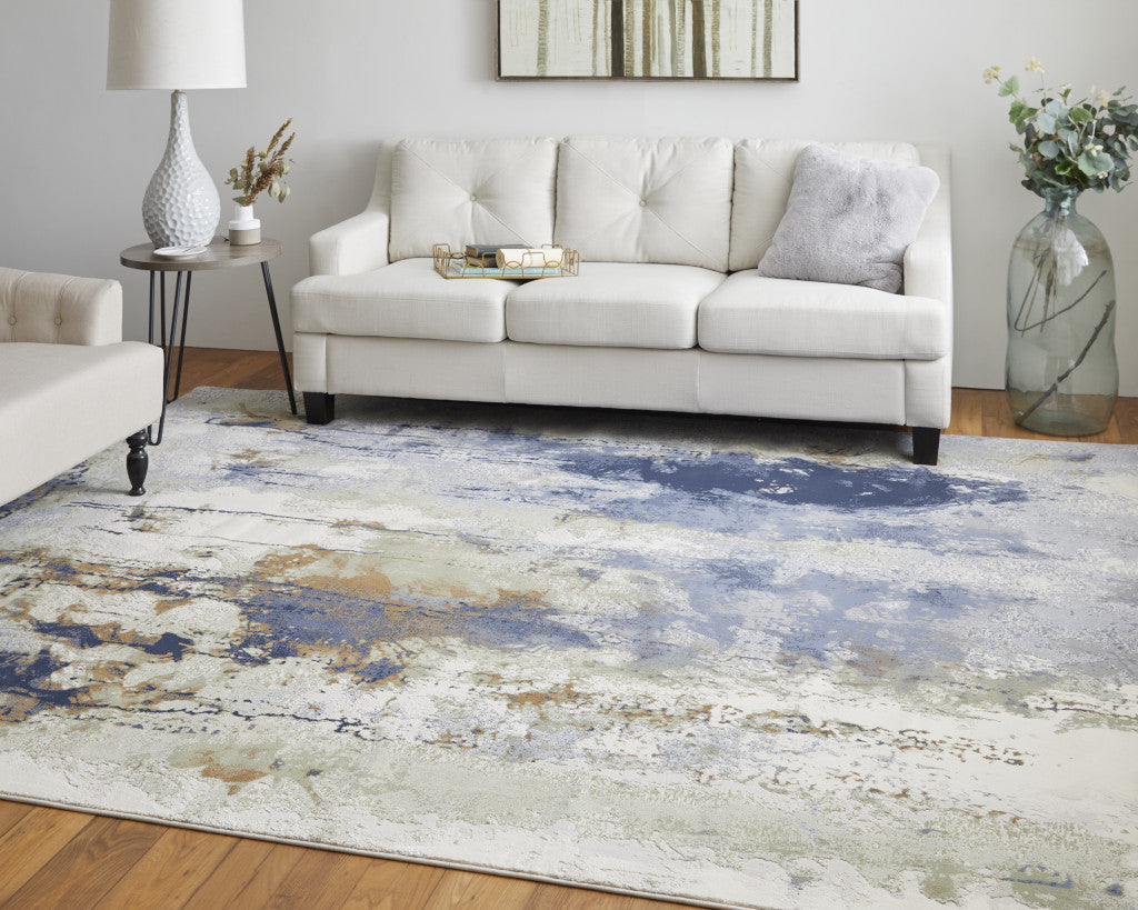 5' X 8' Blue Orange And Ivory Abstract Power Loom Area Rug