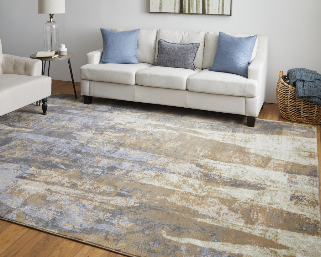 8' X 10' Blue Gray And Tan Abstract Power Loom Distressed Area Rug