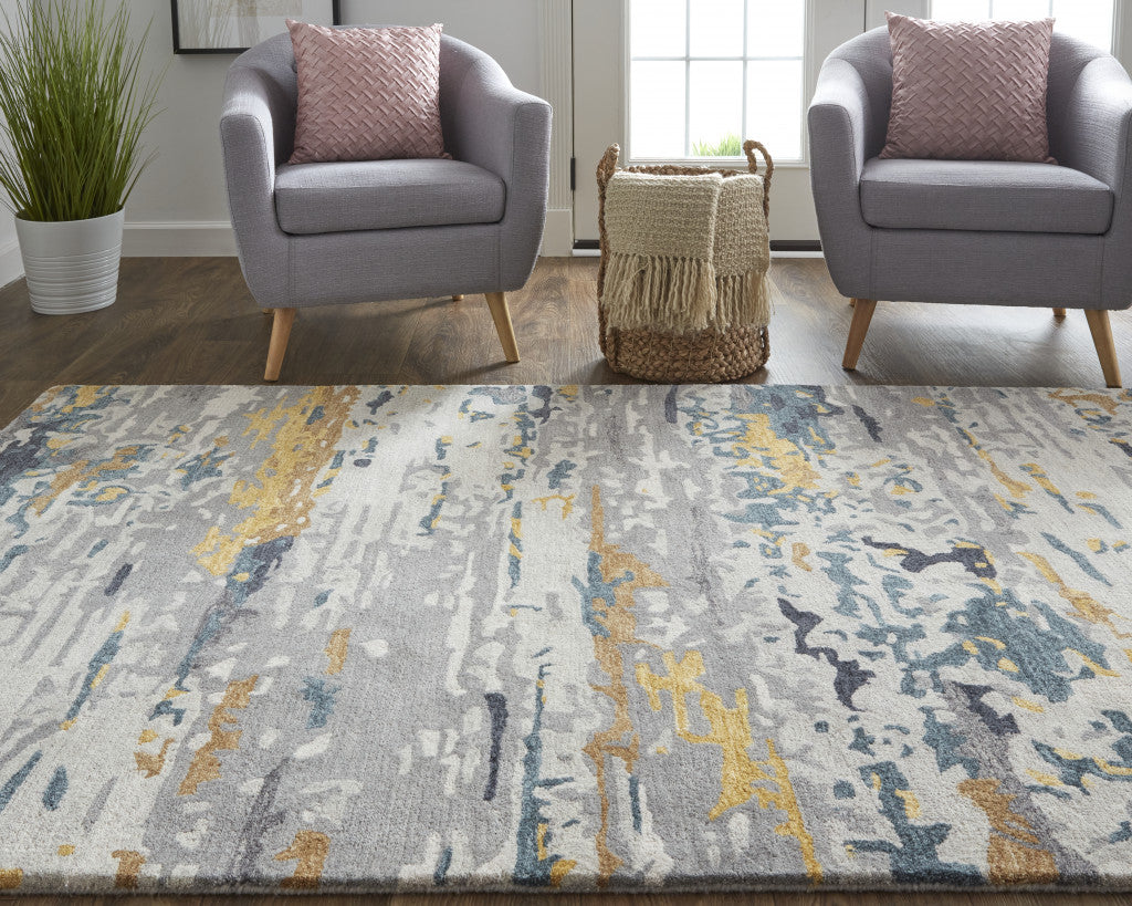 8' X 10' Gray Yellow And Blue Wool Abstract Tufted Handmade Stain Resistant Area Rug