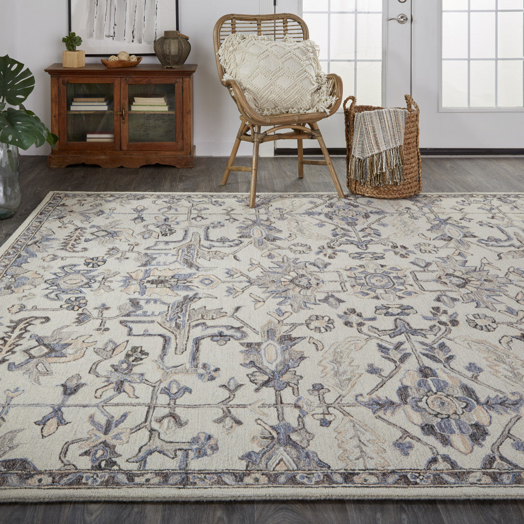 9' X 12' Gray And Gold Wool Floral Tufted Handmade Stain Resistant Area Rug