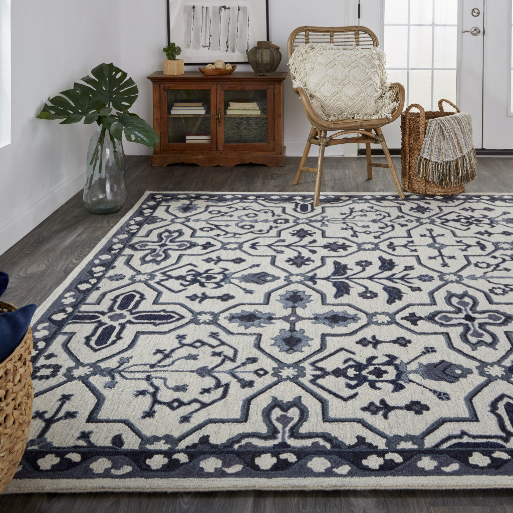 8' X 10' Blue And Gray Wool Floral Tufted Handmade Stain Resistant Area Rug
