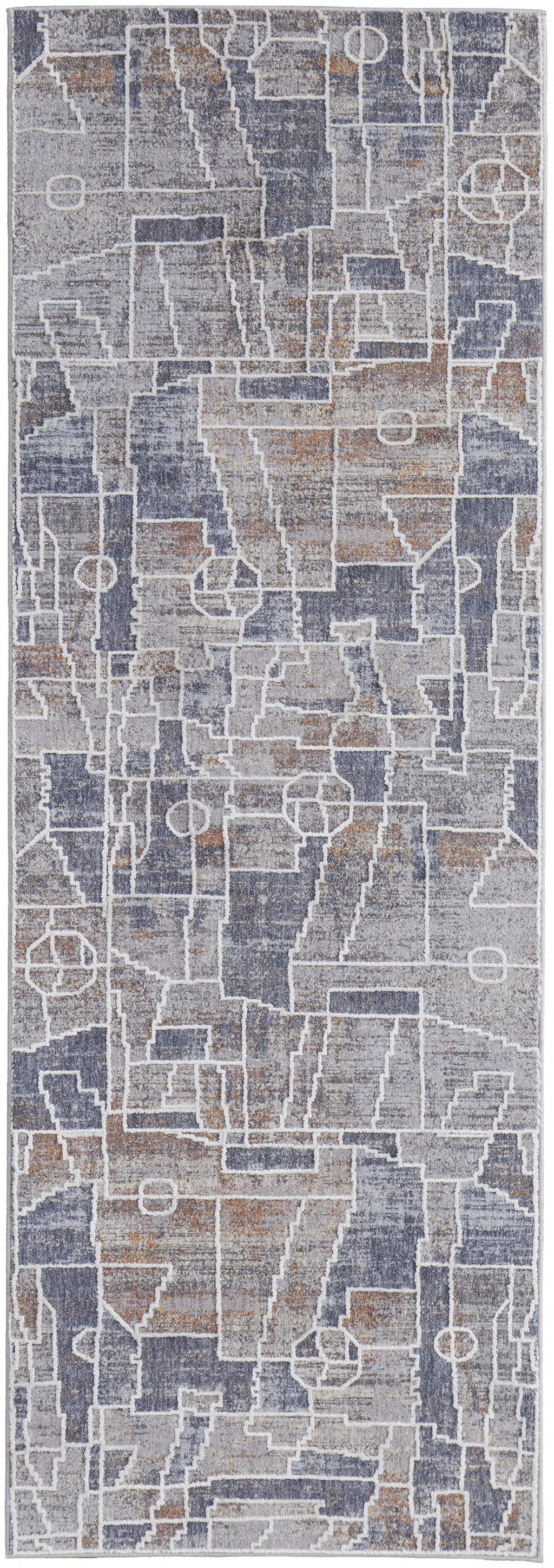 8' X 10' Blue Gray And Orange Geometric Power Loom Stain Resistant Area Rug