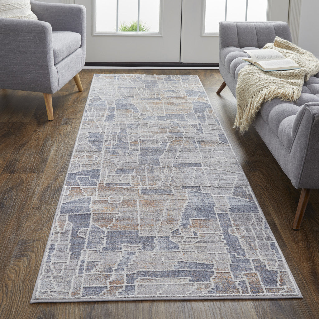 8' X 10' Blue Gray And Orange Geometric Power Loom Stain Resistant Area Rug