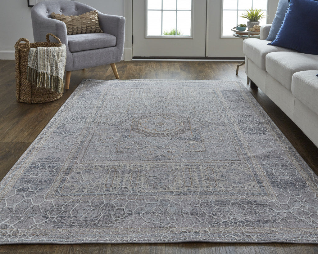 2' X 3' Gray And Ivory Floral Power Loom Distressed Stain Resistant Area Rug