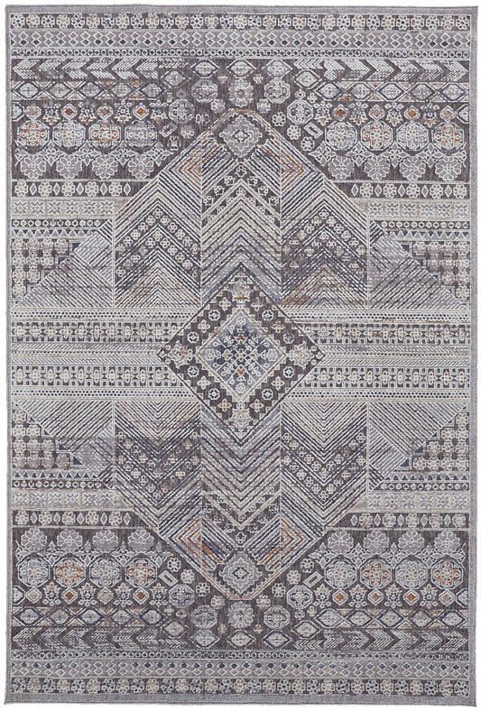 5' X 8' Ivory And Gray Geometric Power Loom Distressed Stain Resistant Area Rug