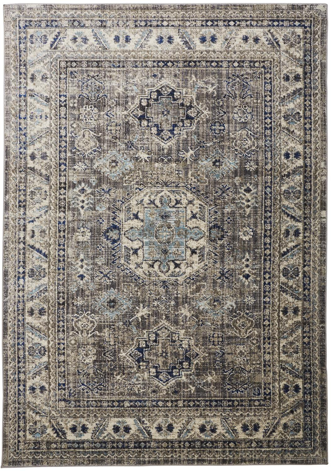 8' Taupe Gray And Blue Round Floral Stain Resistant Area Rug