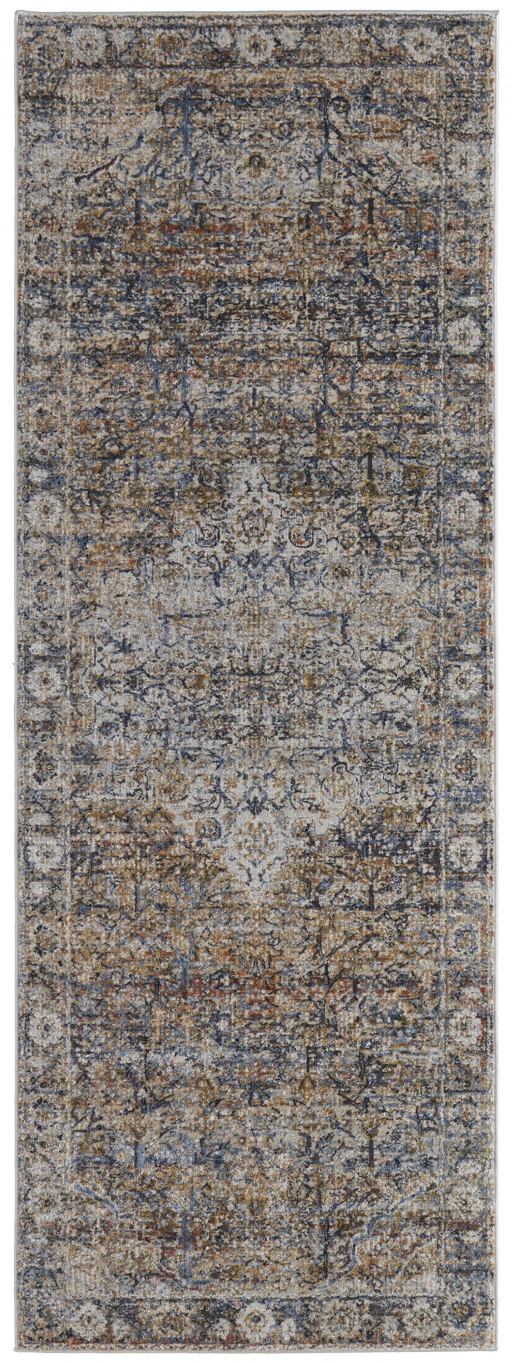 5' X 8' Tan Orange And Blue Floral Power Loom Distressed Area Rug With Fringe