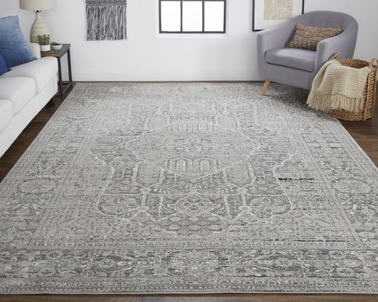 5' X 8' Gray Silver And Taupe Floral Power Loom Distressed Area Rug