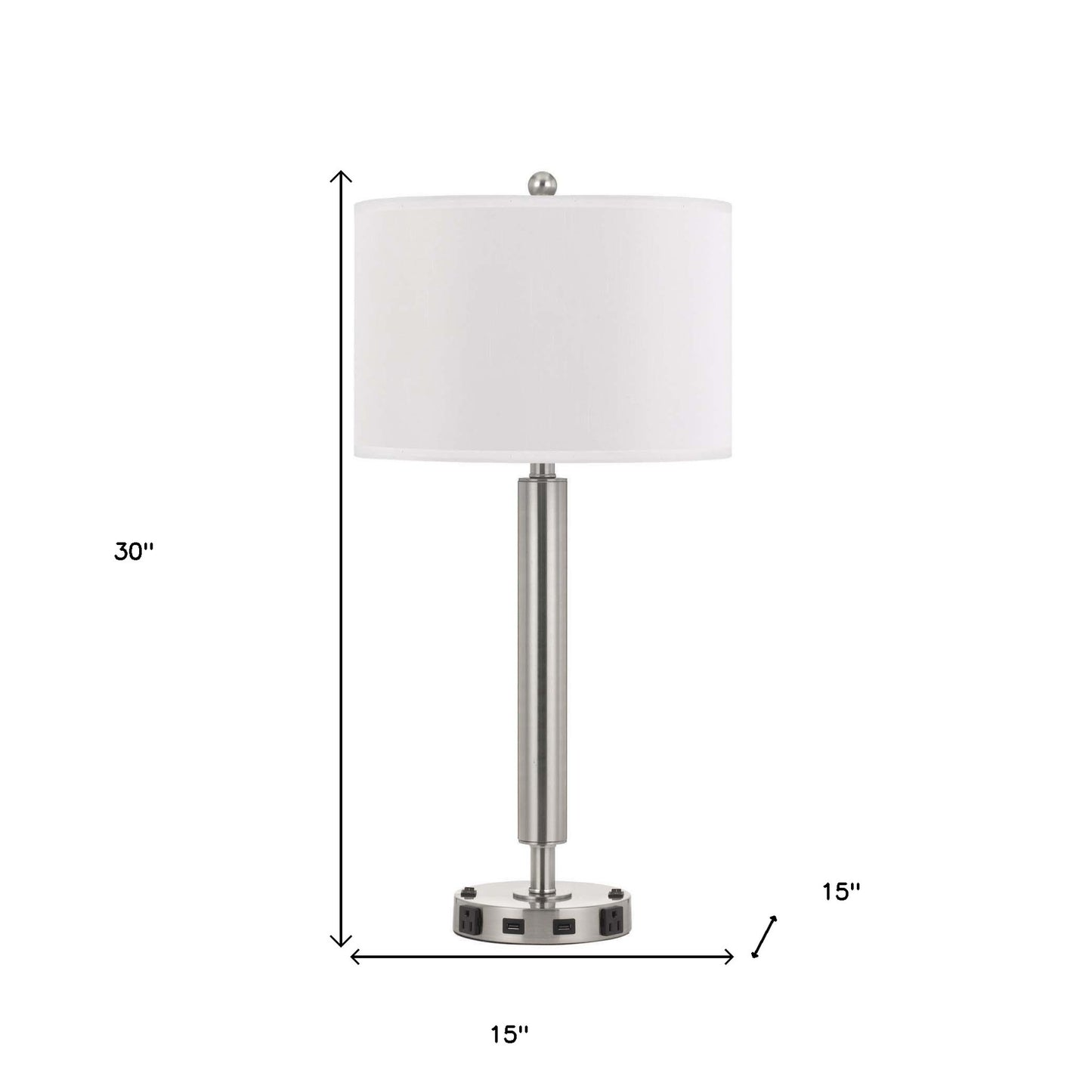 30" Nickel Metal Two Light Usb Table Lamp With White Drum Shade
