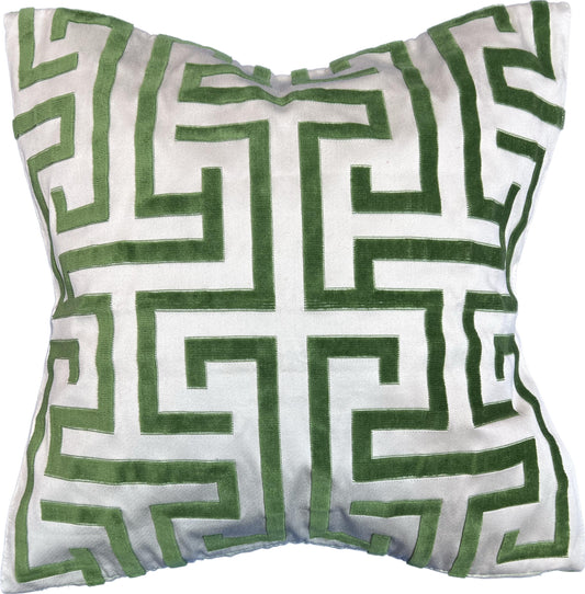 18"x18"  2-Sided Pillow Cover - Face: Greek Key Cut Velvet (Thibaut: W775476 Ming Trail Green) / Back: Solid Velvet