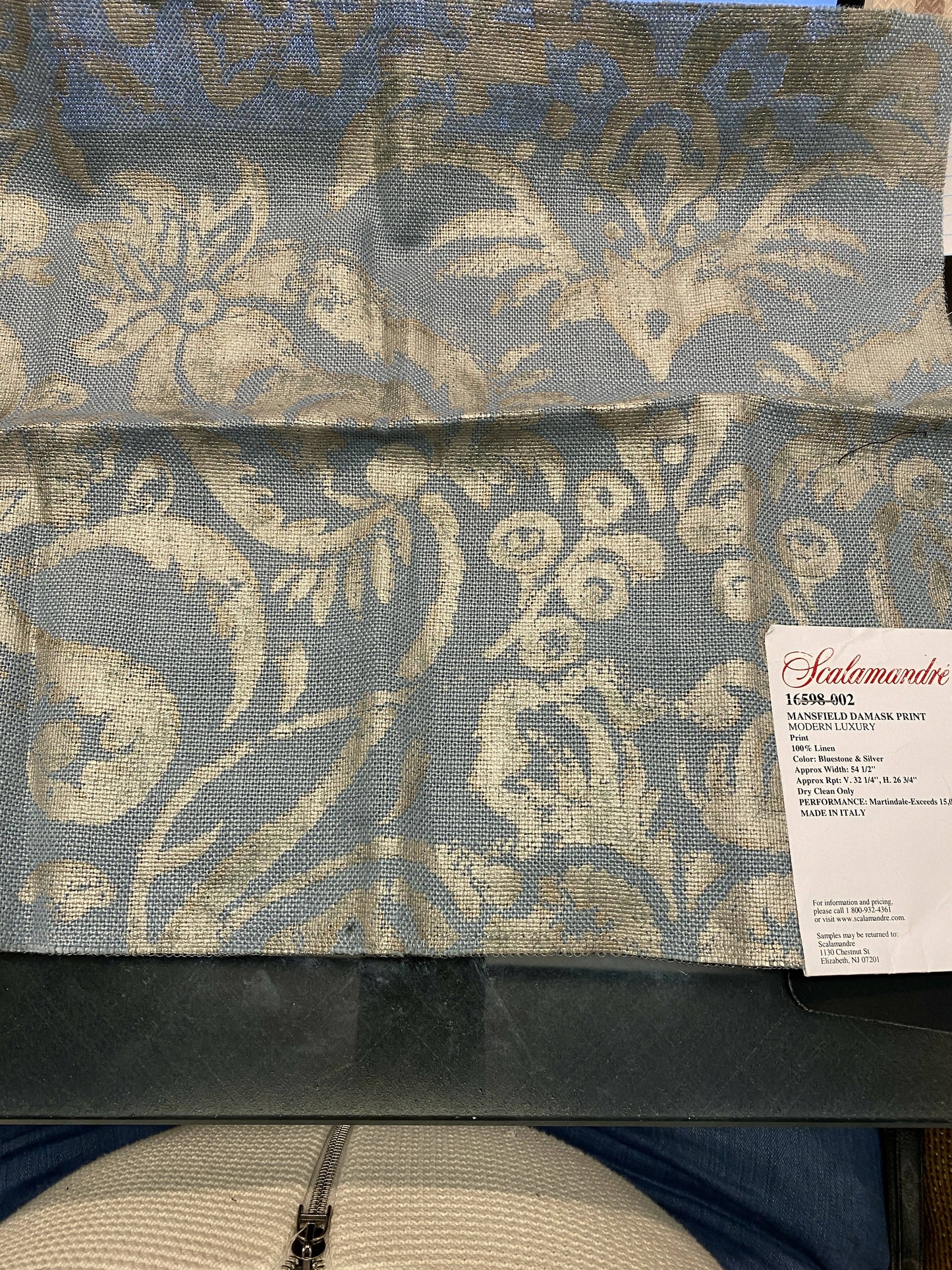 Drapery Panels w/ Scalamandre Mansfield Damask Bluestone & Silver Total