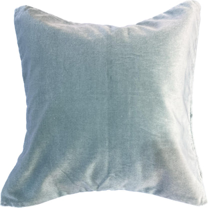18x18-inch two-sided pillow cover in muted teal; front features a motif, back is solid velvet, with a soft textured finish