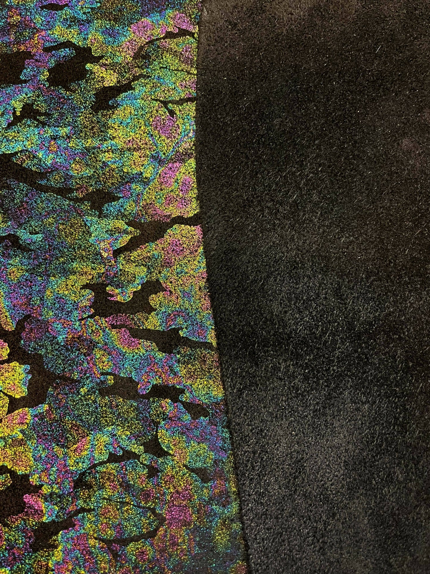 Iridescent Camouflage Print on Black Cow Suede
