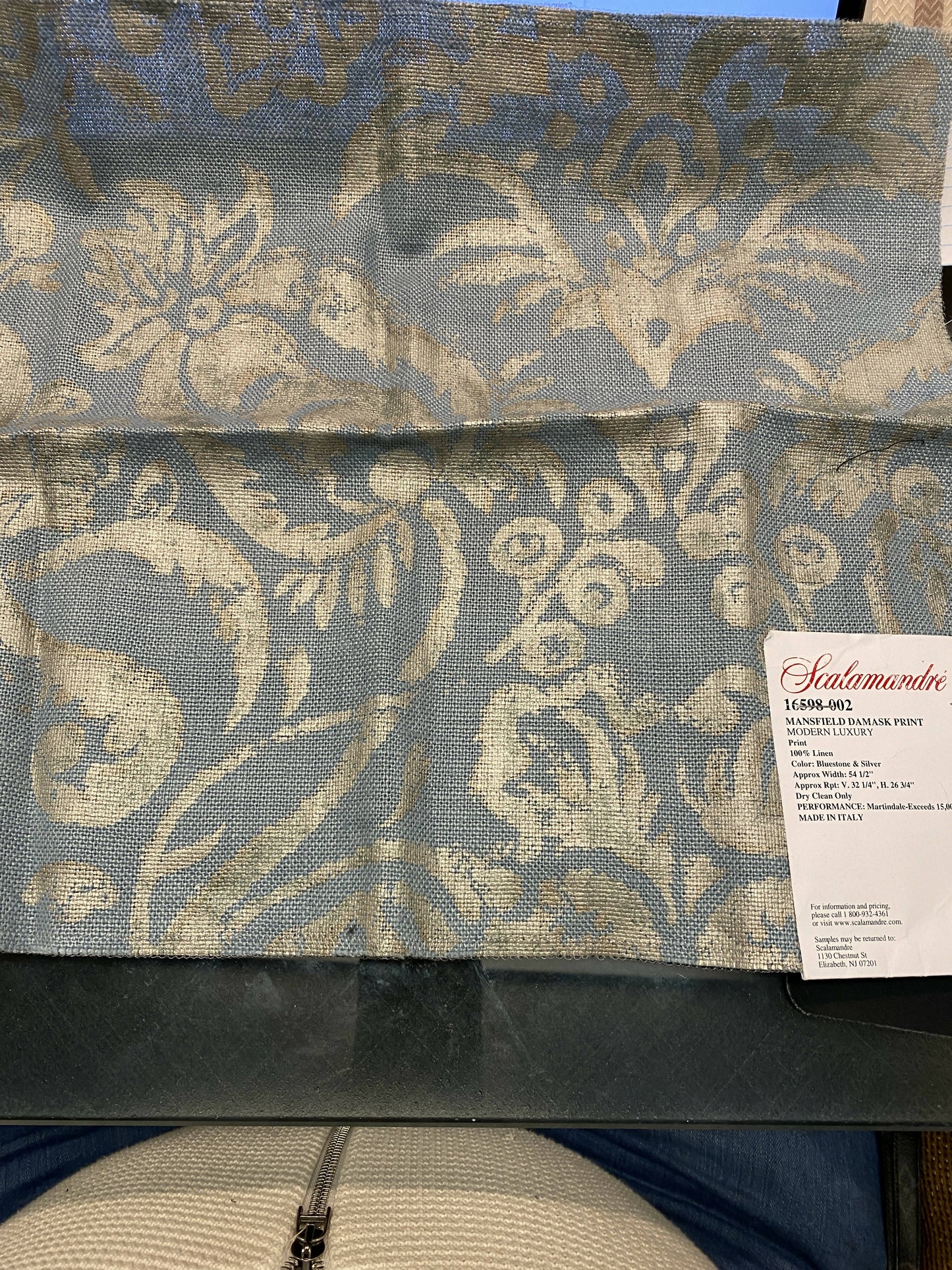 Drapery Panels w/ Scalamandre Mansfield Damask Bluestone & Silver Total