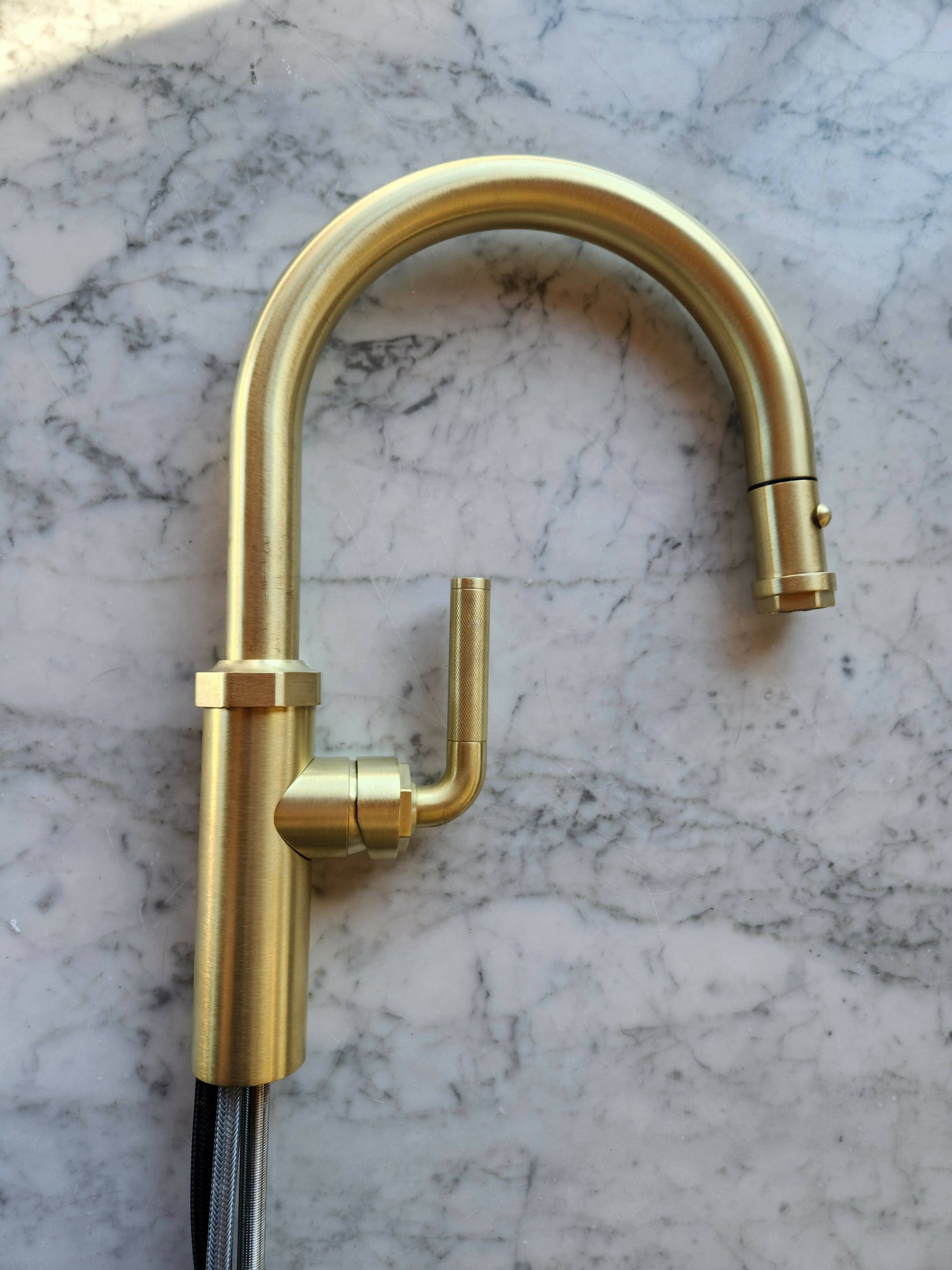 Descano Kitchen Faucet w/ Knurled Handle - Low Spout - Satin Brass
