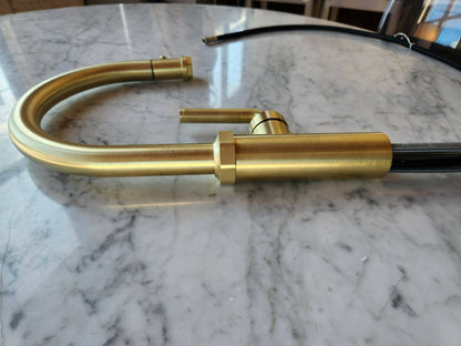 Descano Kitchen Faucet w/ Knurled Handle - Low Spout - Satin Brass