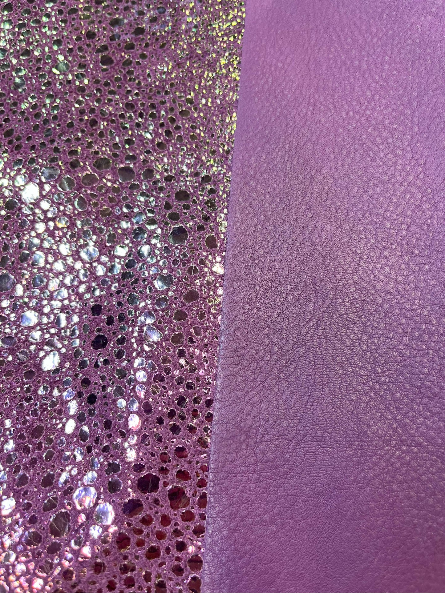 Metallic Iridescent Frog Spots on Grape Cowhide Leather