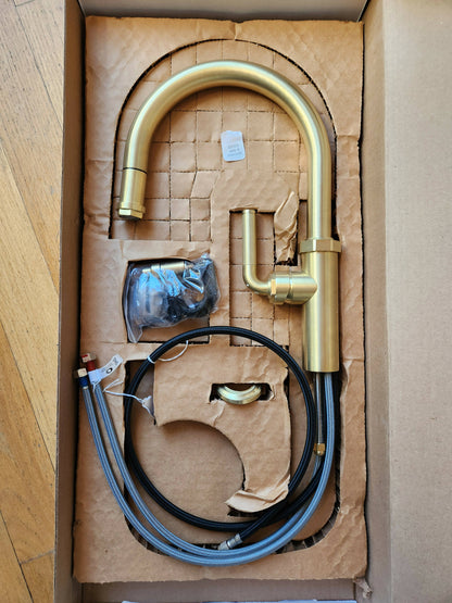 Descano Kitchen Faucet w/ Knurled Handle - Low Spout - Satin Brass